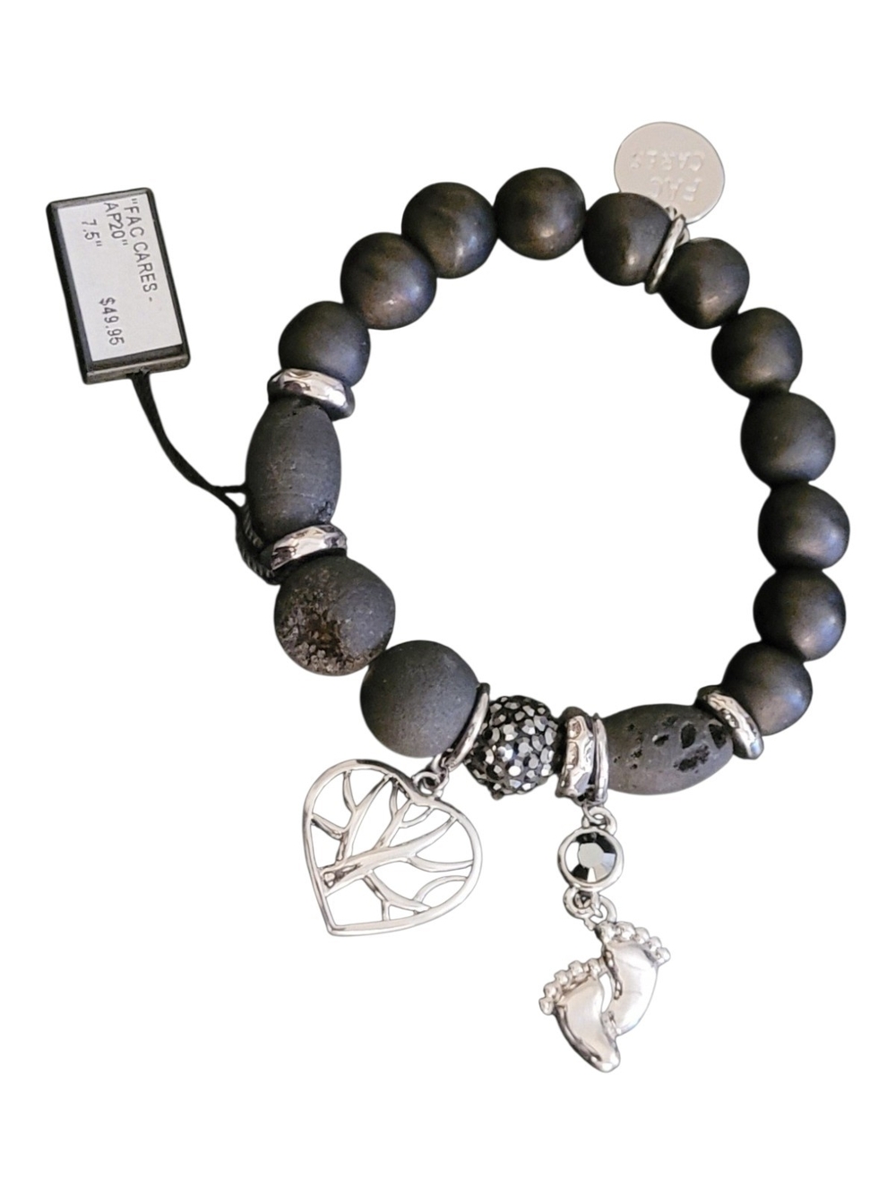 🥳4/$75!🥳Matte Onyx and Lava Stone Charm Bracelet with Heart & Baby Feet Charms